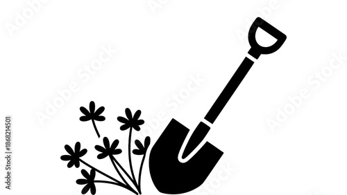 A black silhouette of a shovel and flowers on a white background