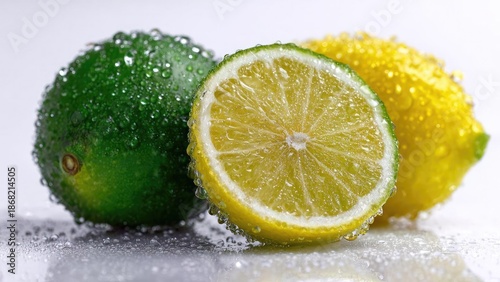 Three citrus fruits: a green lime on the left, a sliced yellow lemon in the center, and a yellow lemon behind, covered in water droplets. Concept Citrus still life, Lime on the left