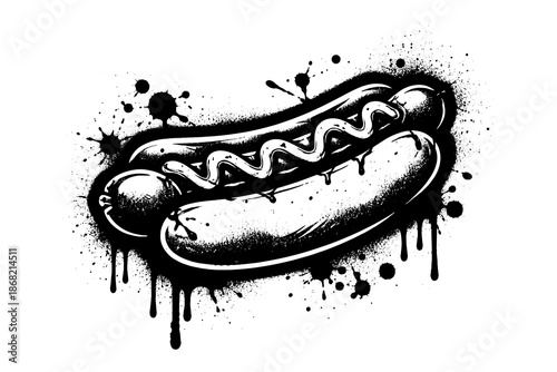 Grunge style ink splattered hot dog art with dripping effect