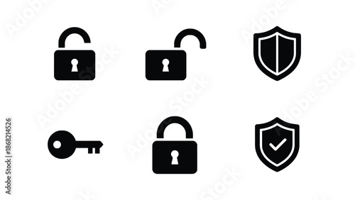 A set of security icons including locks, keys, and shields on a white background