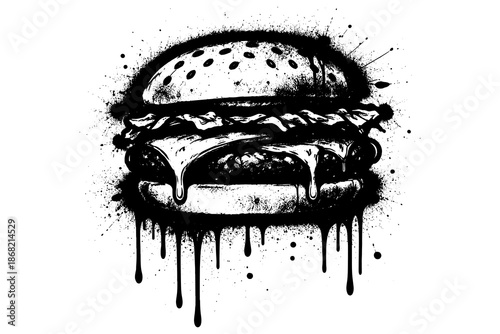 Grunge-inspired dripping burger art with ink splatter effect