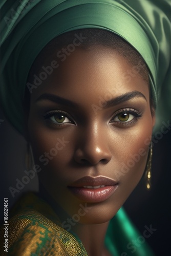 Elegance Embodied: A portrait of a stunning woman, radiating poise and grace, her expressive eyes drawing you in, adorned with a traditional headdress that adds a touch of cultural allure.