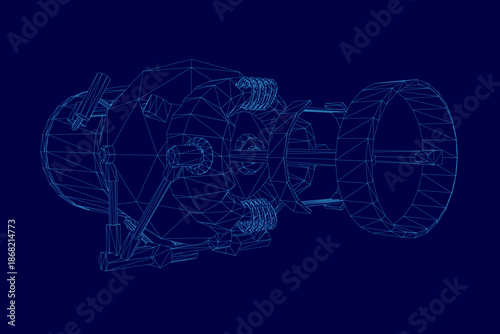 A detailed 3D wireframe model of a complex machine, known as Damocle, is displayed on a solid blue background. The design features multiple geometric shapes, precise lines, and distinct phase layers.