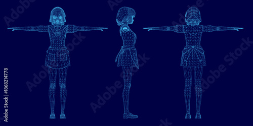 A 3D wireframe model of a girl in a dress and apron strikes a dynamic pose with outstretched arms against a solid blue background.