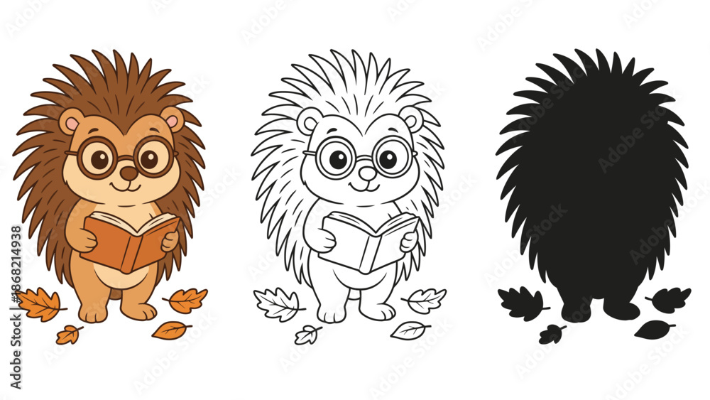 Fototapeta premium A cartoon hedgehog reading a book in a colorful illustration with leaves