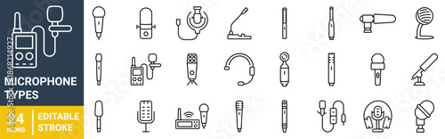 Microphone web line icons set. Podcast mic, journalist microphone, karaoke, conference, windscreen, retro radio vector illustration. Editable Stroke