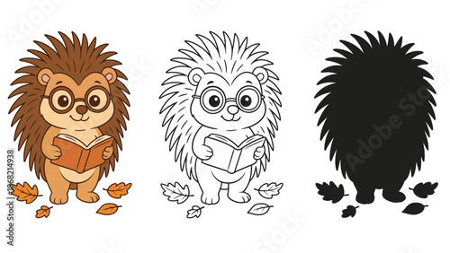 A cartoon hedgehog reading a book in a colorful illustration with leaves