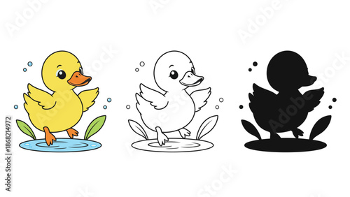 A colorful illustration of a duck in three different formats for coloring book
