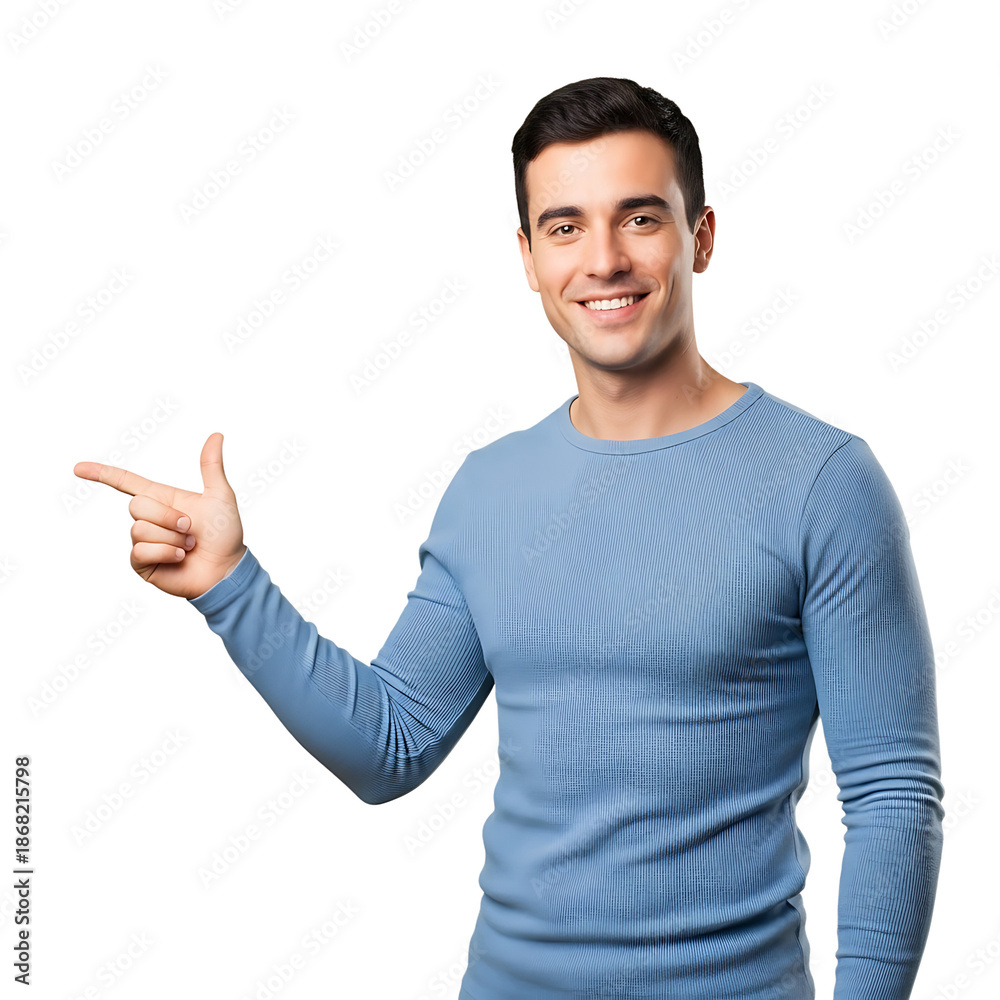 Fototapeta premium A smiling man in a blue sweater pointing to the side on transparent background