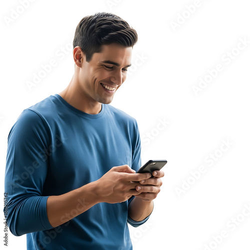 A smiling man in a blue shirt using his smartphone on transparent background
