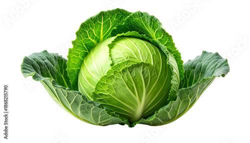 A vibrant, fresh cabbage head with lush, green leaves isolated on black