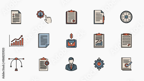 Professional Business Management and Administrative Document Line Icon Set
