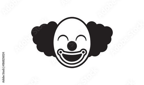 Cute minimal clown face illustration with curly hair and a big smile, circus and birthday party entertainment vector icon