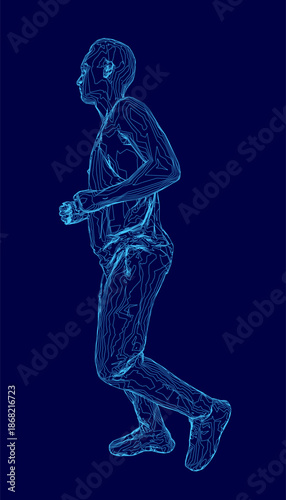 A determined man runs with focused intensity, his dynamic silhouette captured in motion against a dark blue background. The high-contrast contour creates a powerful and energetic visual.