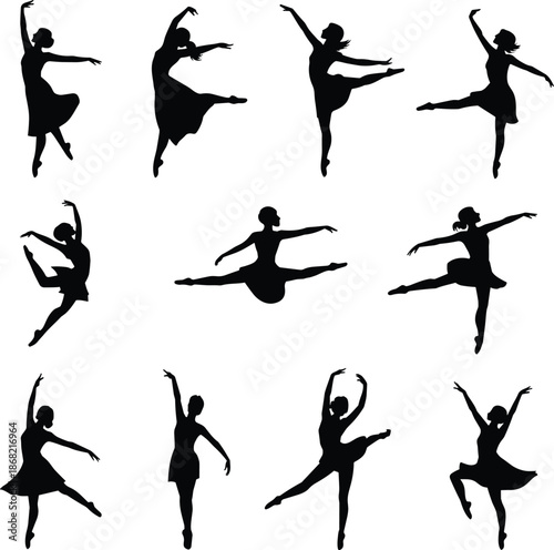 Ballet dancer silhouettes, elegant poses, dance movement, pirouette, arabesque, leaping figures, black shapes, graceful motion, artistic expression, choreography art
