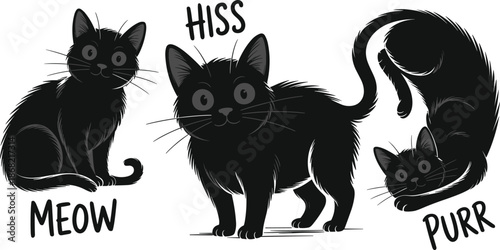Cartoon cats, feline behavior, meow hiss purr, expressive poses, black silhouettes, pet illustration, cat emotions, playful art, animal sounds, stylized design
