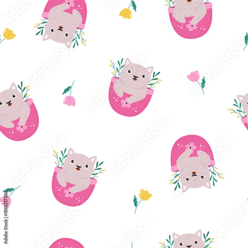 Adorable Baby Kitty Character with Flowers Seamless Pattern, Background