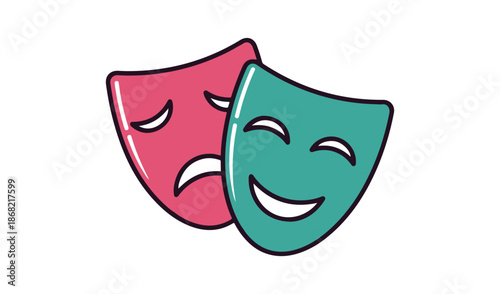 Colorful theater comedy and tragedy masks, drama and performing arts concept, pink and teal vector illustration