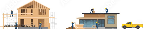 House construction comparison, framing and modern styles, workers in safety gear, scaffolding, roof work, building process, architectural contrast, site activity