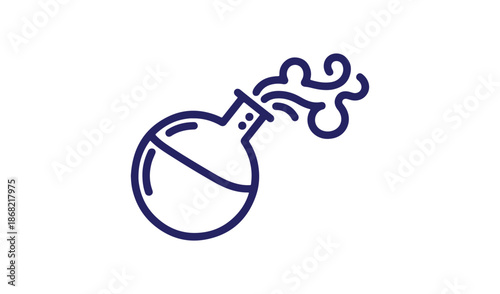 Laboratory flask icon with rising vapor or smoke, science experiment and chemical reaction concept, purple line art vector illustration