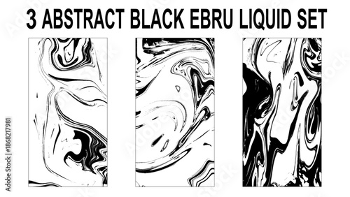 Three abstract black and white ebru liquid set