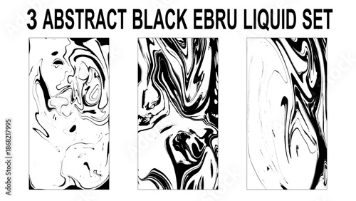 Three abstract black and white ebru liquid set
