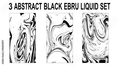 Set of abstract backgrounds. Ink marbling textures. Black and white. Hand drawn marble illustrations, ebru aqua paper and silk prints.