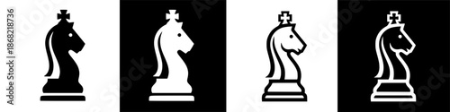 Two white chess knight pieces on a black background, isolated, graphic