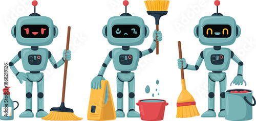 Robots Cleaning with Broom and Mop on White Background