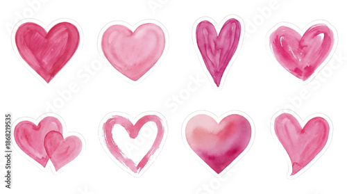 Pink watercolor heart set including solid, outlined, tall, and layered shapes isolated. Romantic decorative elements for valentines day and wedding stationery.