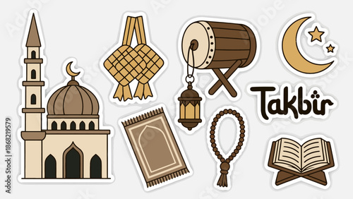 Ramadan and Eid Mubarak Stickers Featuring Islamic Symbols and Cultural Elements