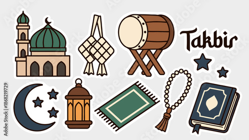 Festive collection of Islamic holiday celebration elements, including traditional symbols like a mosque, prayer items, and ketupat, for Eid Mubarak observances