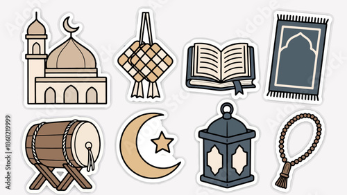 Elegant Ramadan sticker set featuring traditional Islamic symbols mosque, Quran, prayer items, and festive decorations for Eid al-Fitr