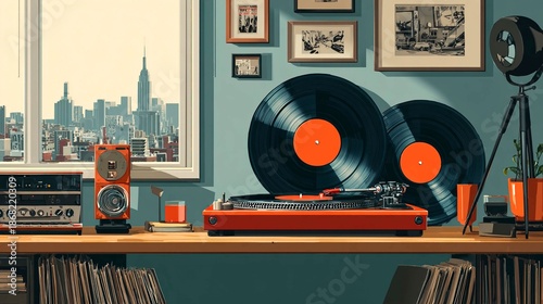 A modern, dynamic banner featuring vinyl records