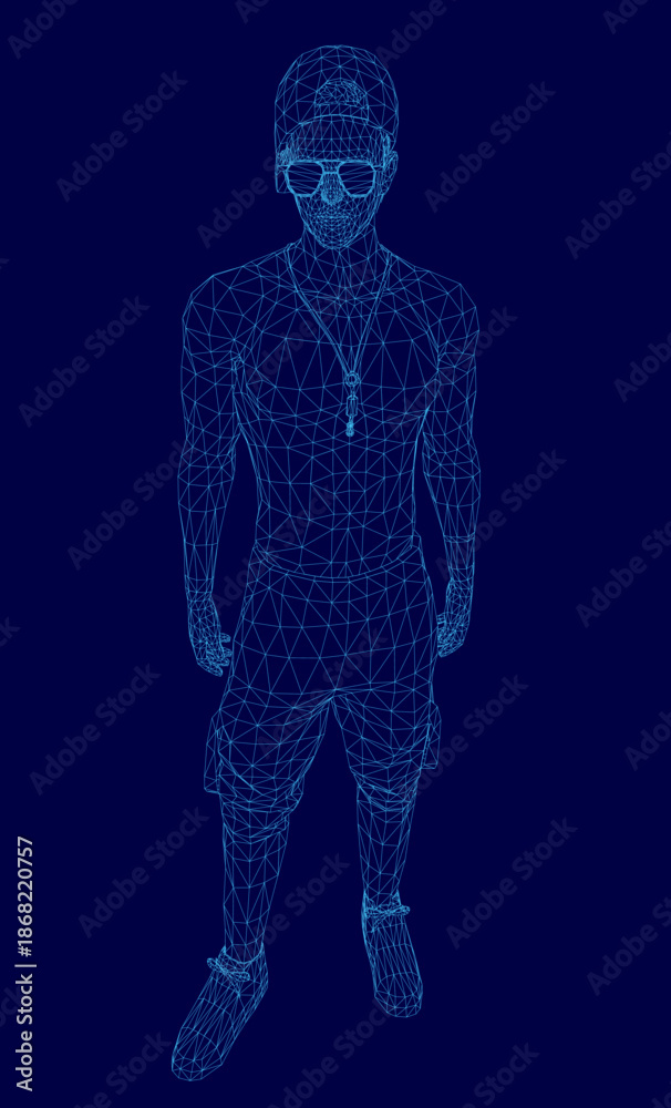 Obraz premium A 3D wireframe man in a cap, sunglasses, sneakers, and pants stands against a blue digital background.