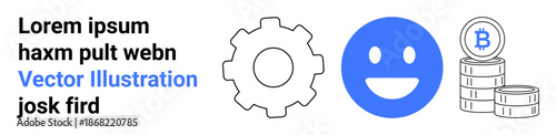 Cryptocurrency, blockchain, fintech, digital technology, innovation, web services. Blue smile icon, gear outline Bitcoin coin stack. Cryptocurrency and blockchain technology concept