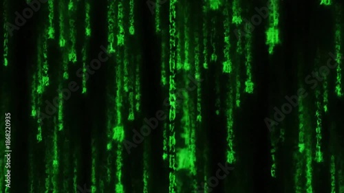 Digital Code Rain in Futuristic Style with Neon Green Lighting on Dark Background for Cybersecurity