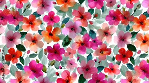 Vibrant floral pattern with pink and orange flowers on white background