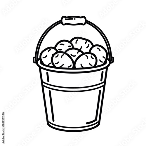 Minimalist black outline vector icon of a bucket filled with potatoes, symbolizing harvesting and farm produce collection, isolated on a transparent background