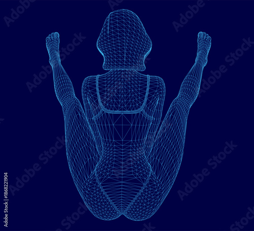 A female contortionist or dancer in a complex yoga pose, rendered as a detailed 3D wireframe model against a solid blue background.