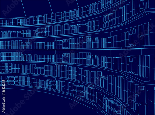 A blueprint of a well-stocked library features orderly bookshelves filled with books, resembling a shop layout with counters and goods.