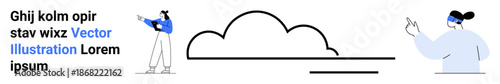 Two characters gesturing near abstract cloud and lines, with placeholder text for creative projects. Ideal for teamwork, communication, collaboration, abstract concepts, design presentations, modern