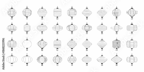 An arrangement of various paper lanterns displayed in a grid pattern