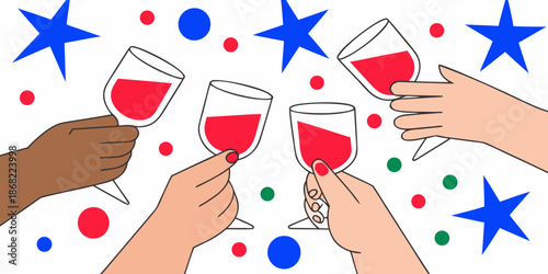 A celebratory toast with hands raising wine glasses amidst colorful confetti