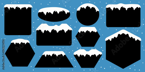 Abstract mountain shapes with snow caps against a blue patterned background