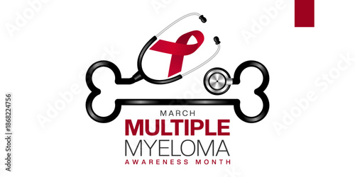 March Is National Multiple Myeloma Awareness Month. Bone shape stethoscope. Great for cards, banners, posters, social media and more. White background.  