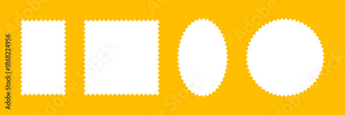  Postage stamp template frames. Backdrops for postcards, letters, empty borders. Oval or circle and rectangular blank vintage stamps. Label, tags, coupons boxes with wavy, wiggly perforated edges.