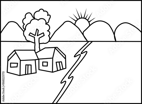 Simple hut scene by the river line art for coloring