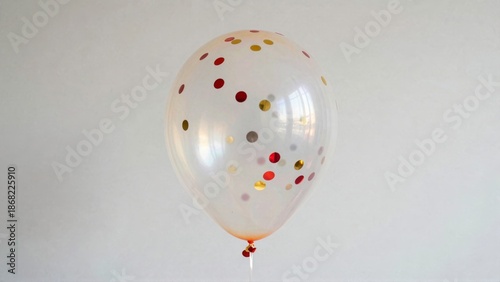 Transparent balloon with red and gold dots against white background
