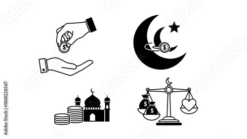 Islamic icons charity moon mosque and justice scale in black and white